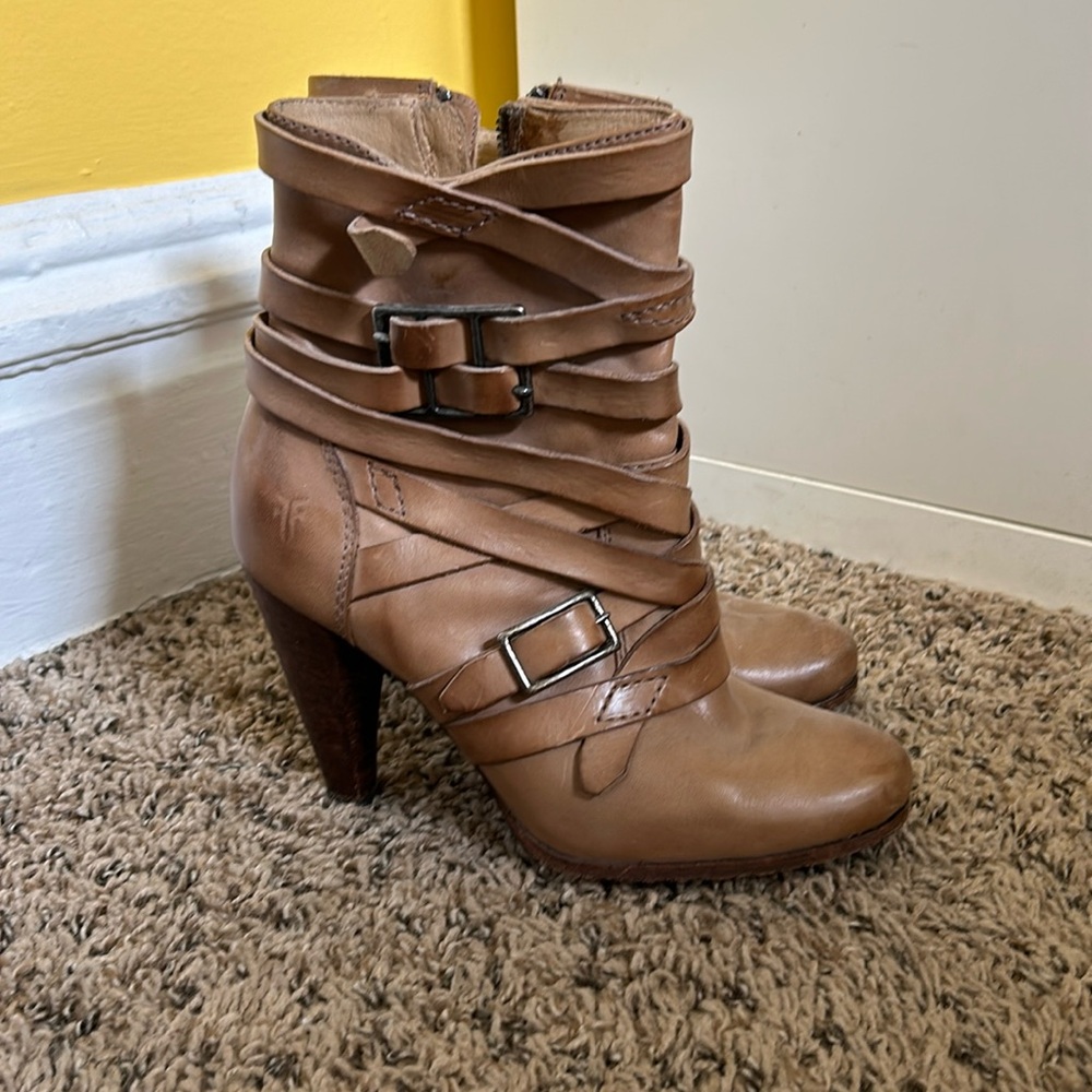 Frye Tan Heeled Boots with Buckle Straps